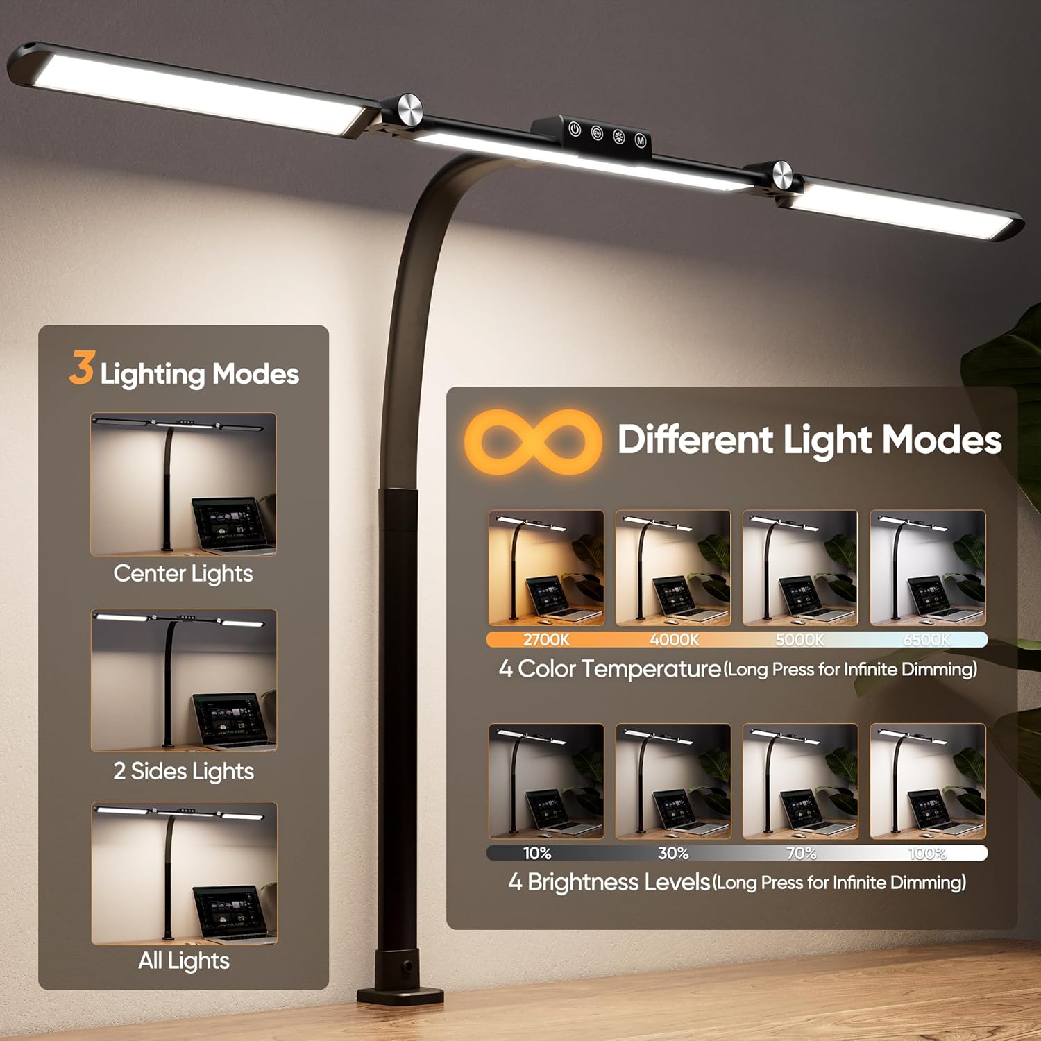 Large Desk Lamps for Home Office, 39.3 Architect Desk Lamp with Clamp, 24W Ultra Bright LED Desk Light Stepless Dimming Eye-Caring Office Desk Lamp for Study Work